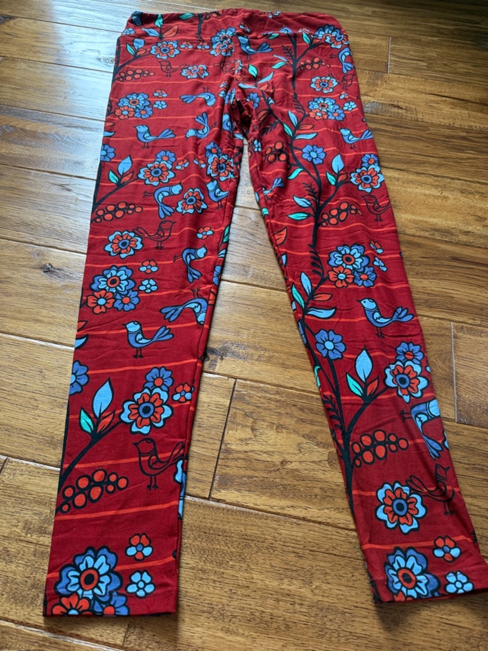 LuLaRoe Red Floral & Bird Print Leggings